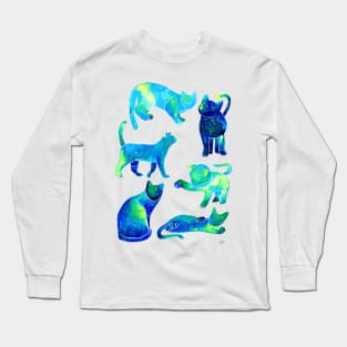 Galaxy Cats Pattern - Blue Long Sleeve T-Shirt